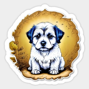 White Havanese Puppy Dog with Black Ears in a Golden Spring Setting Sticker